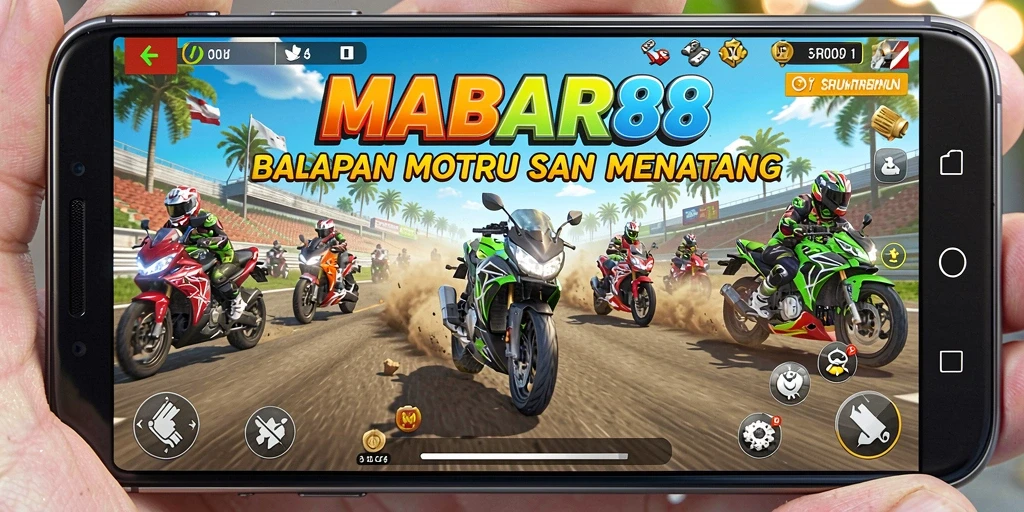 Screenshot gameplay MABAR88 menampilkan aksi balap motor yang seru.