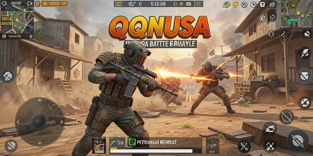 Tampilan gameplay QQNUSA yang menegangkan dalam pertarungan Battle Royale.