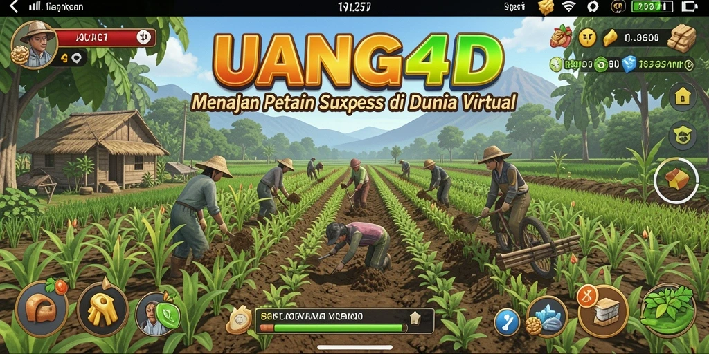 Screen utama UANG4D menampilkan petani yang sedang merawat ladang tanaman.